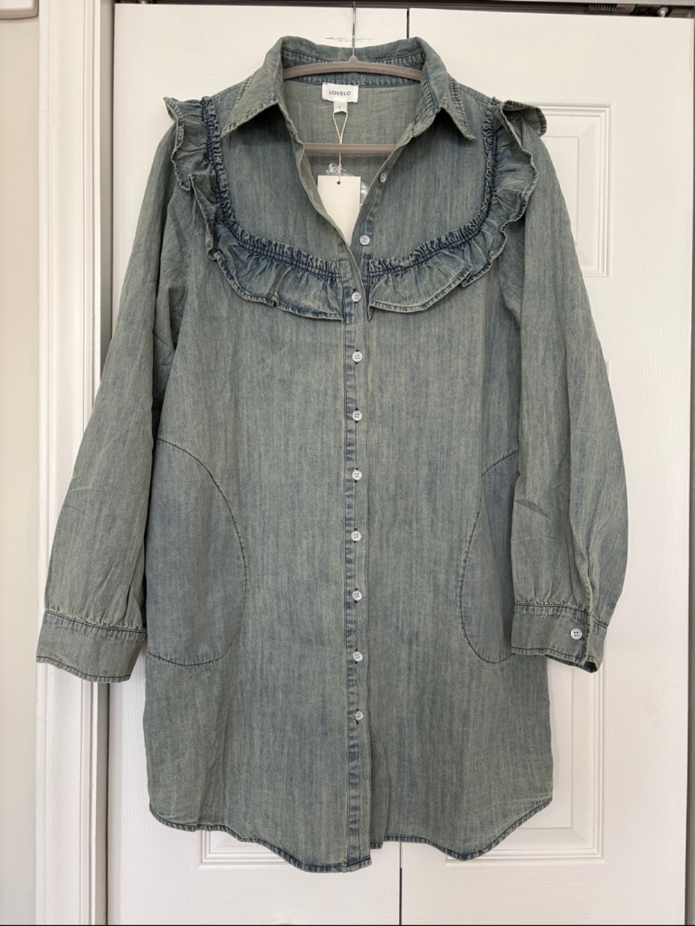 Western Cowgirl Ruffle-Trim Light Denim mini Dress - Faded Blue SZ Large